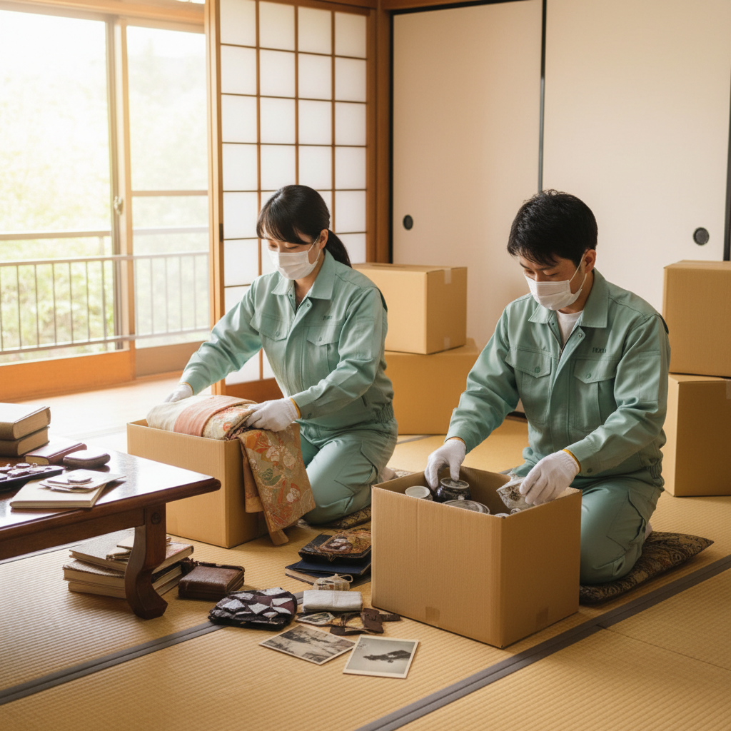 作業員が遺品を丁寧に整理している様子